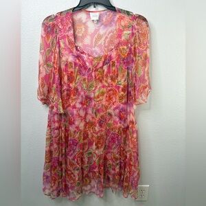 Johnny Was Jade 100% Silk Large Midi Floral Short Sleeve Dress